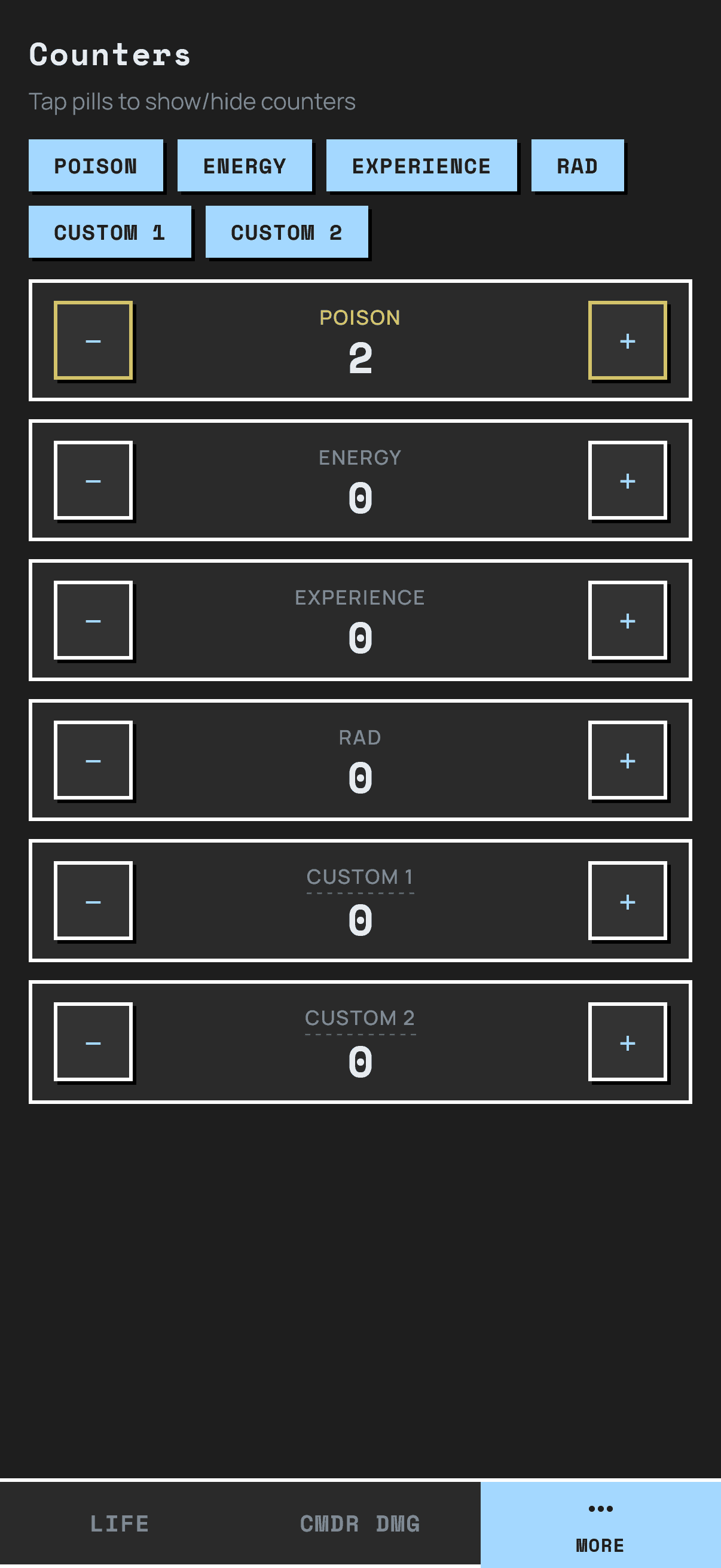 Counters and tokens panel