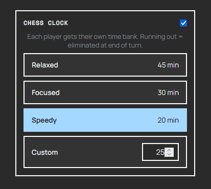 The chess clock control in the lobby, with the Relaxed, Focused and Speedy presets and a custom bank per player.