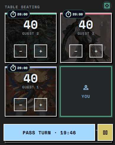Remaining time banks on the player tiles during a game, with the active player's clock counting down and the other banks frozen.
