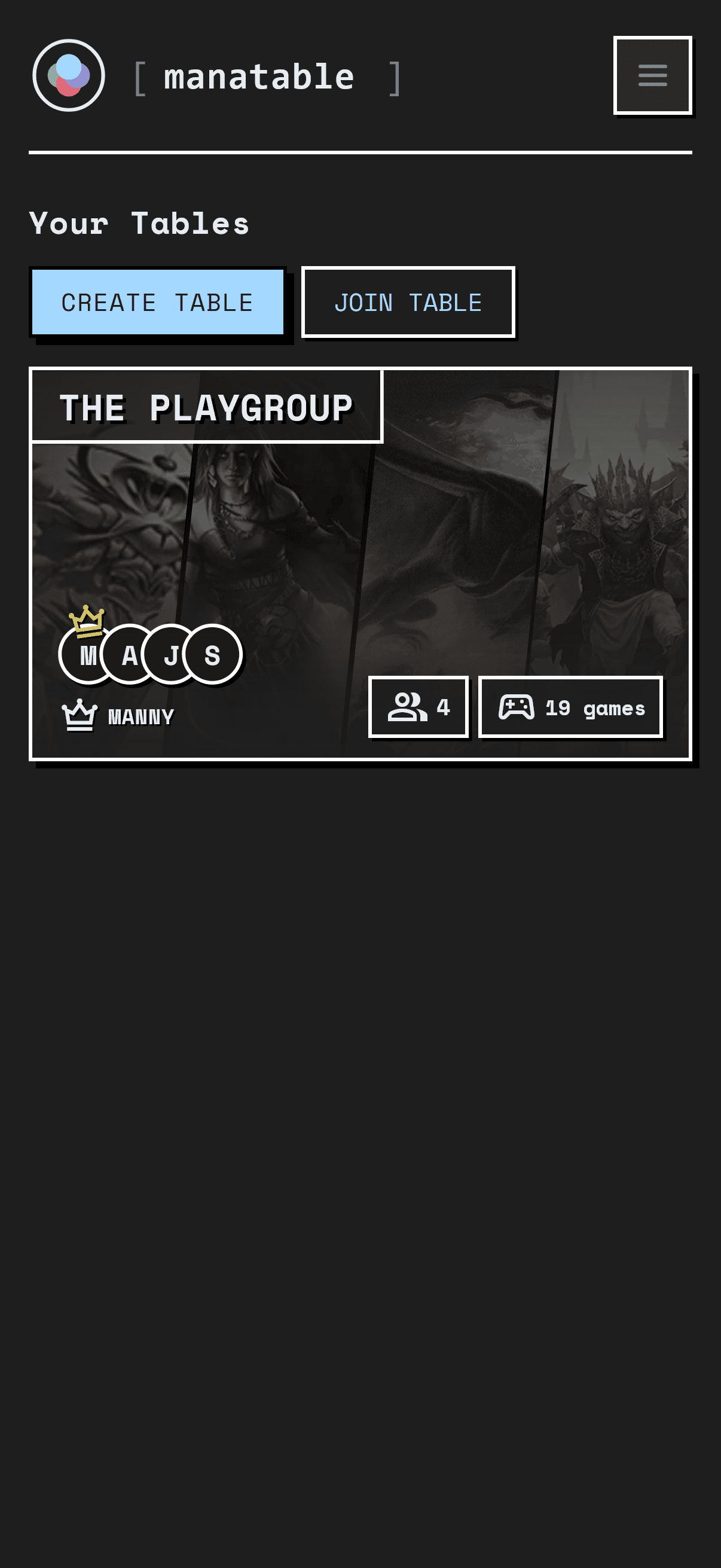 Manatable tables home screen